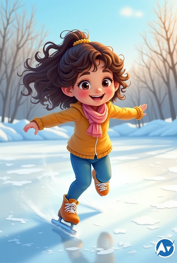 Brown-haired, curly-haired girl skating and the letters AV on the bottom right