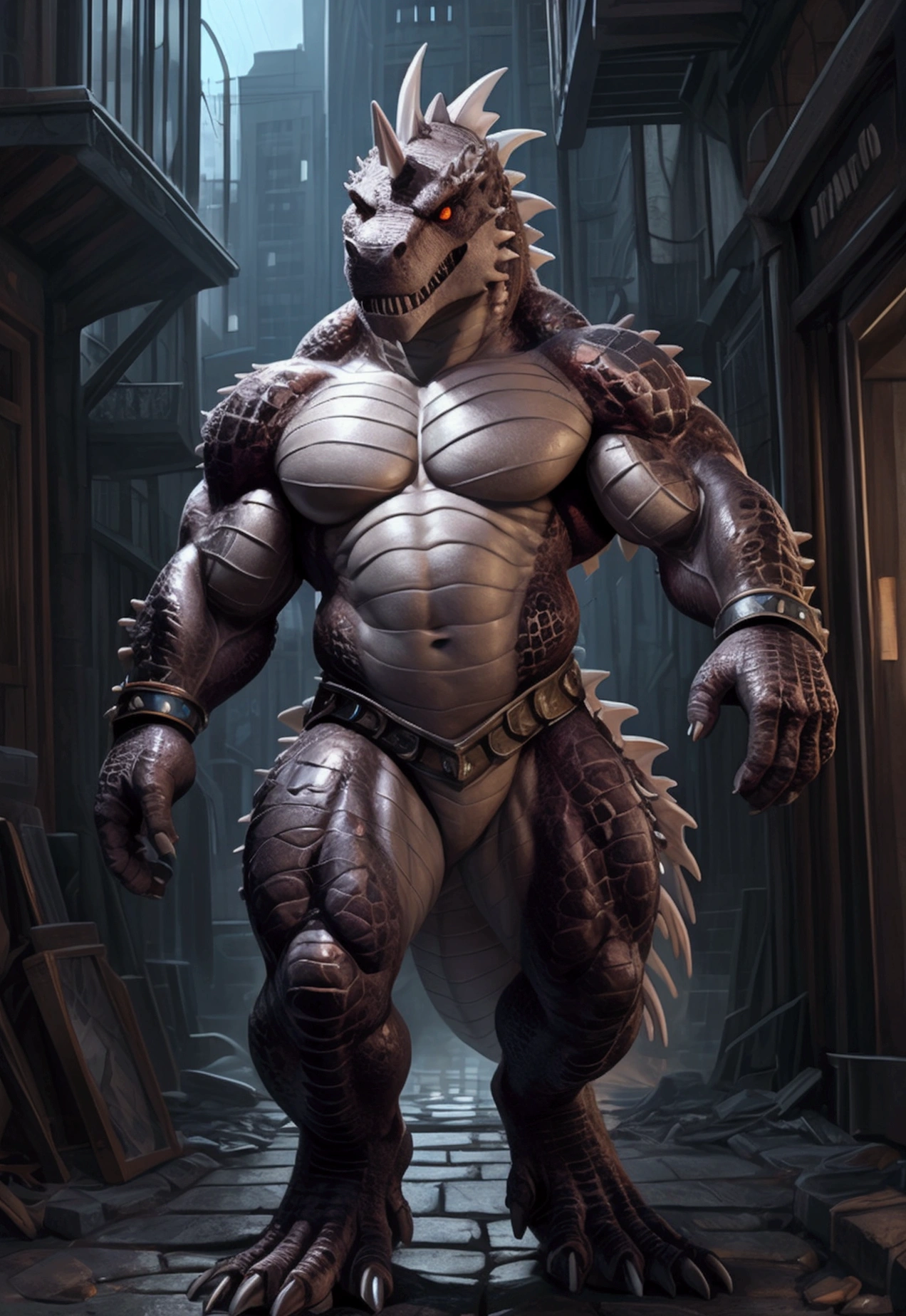 solo, anthro, furry male, T-Rex, (Spiny scales, scales, detailed muscles), (T-Rex print), black scales, white belly, red glowing spiny scales, standing up, bodyguard outfit, black claws, slim fit, muscular slim, cracking knuckles, cyber street, street, crazed look, menacing, raging, angry, detailed red slit eyes, pecs, hind leg, tail, long tail, looking at viewer, (Masterpiece, by null-ghost, hi-res, 8k), torso, black trunk, front pov,