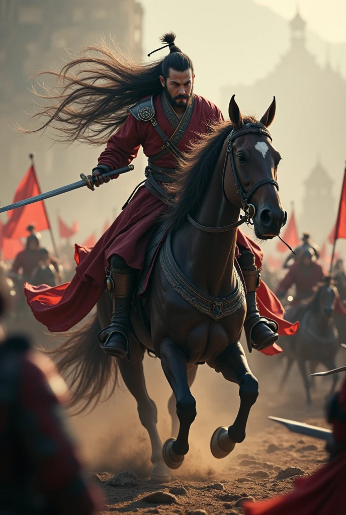 Movie Lenses,Describing the Three Kingdoms period,a general riding a horse,Long hair spread out,Hold a long knife in your left hand,Holding the reins with the right hand,The expression is hideous,Fighting in the crowd,To keep yourself alive