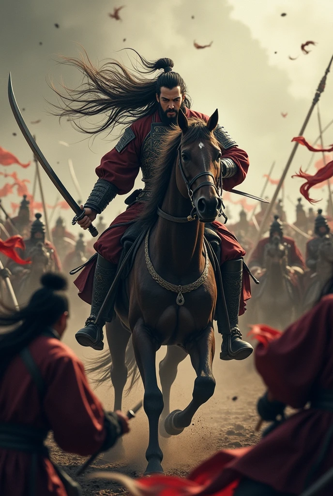 Movie Lenses,Describing the Three Kingdoms period,a general riding a horse,Long hair spread out,Hold a long knife in your left hand,Holding the reins with the right hand,The expression is hideous,Fighting in the crowd,To keep yourself alive