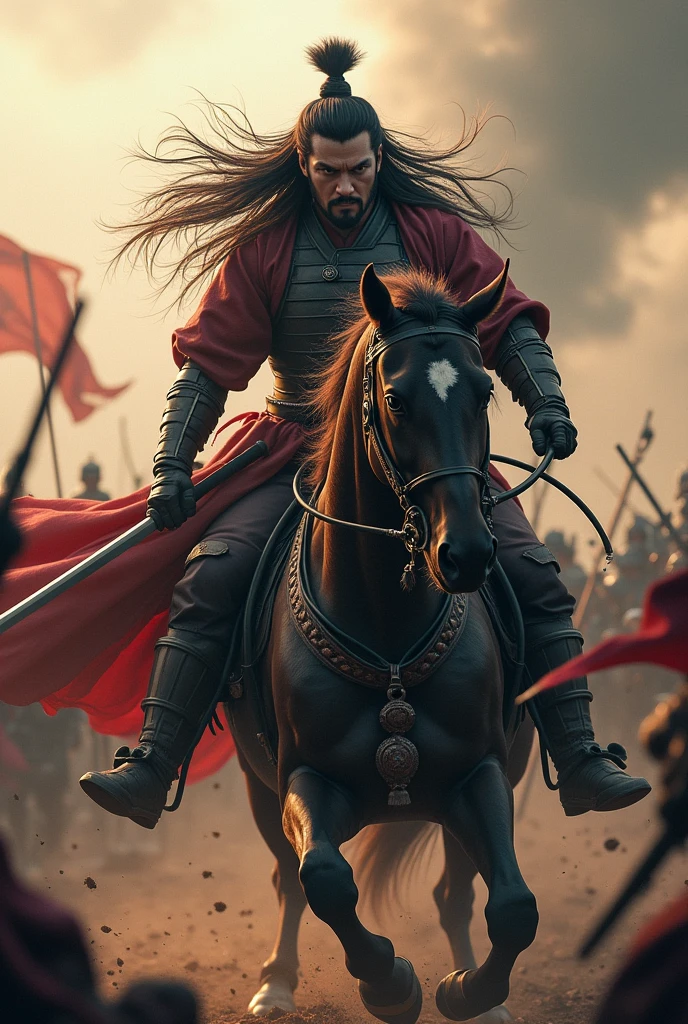 Movie Lenses,Describing the Three Kingdoms period,a general riding a horse,Long hair spread out,Hold a long knife in your left hand,Holding the reins with the right hand,The expression is hideous,Fighting in the crowd,To keep yourself alive
