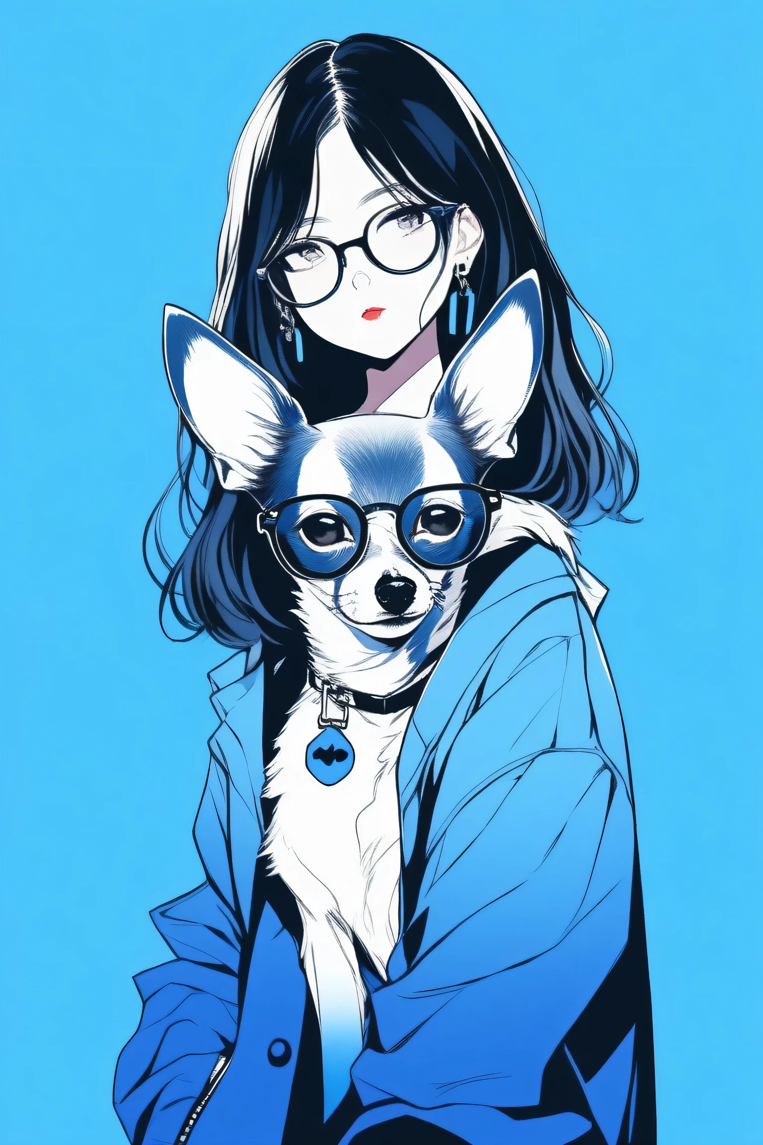 Illustrator, anime ,cute ,sketch , 1 person, Thin black-rimmed glasses,Long wolf haircut,Black and white Chihuahua,lip,, whole body, order, Blue gradient background, Neon Long Hair,Texture Trim, (masterpiece,Highest quality) 
