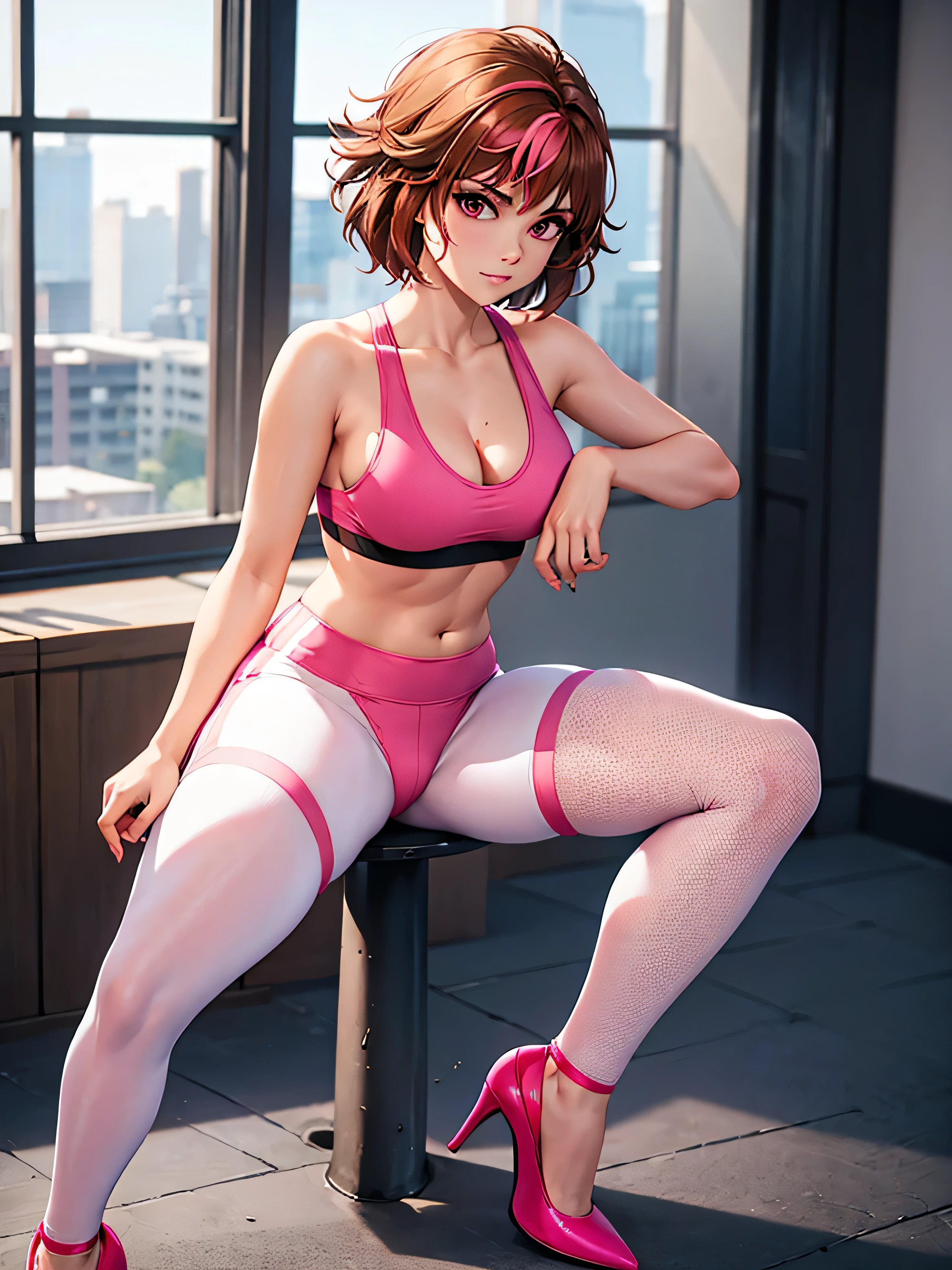 merula, pose sexy, High heels, Sexy sports bra, pink adidas yoga pants, Whole body, thighs, sitting pose, solo girl