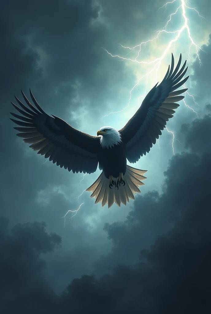 An eagle flying through a stormy sky, with dark, ominous clouds and lightning illuminating its silhouette, conveying a sense of power and resilience.