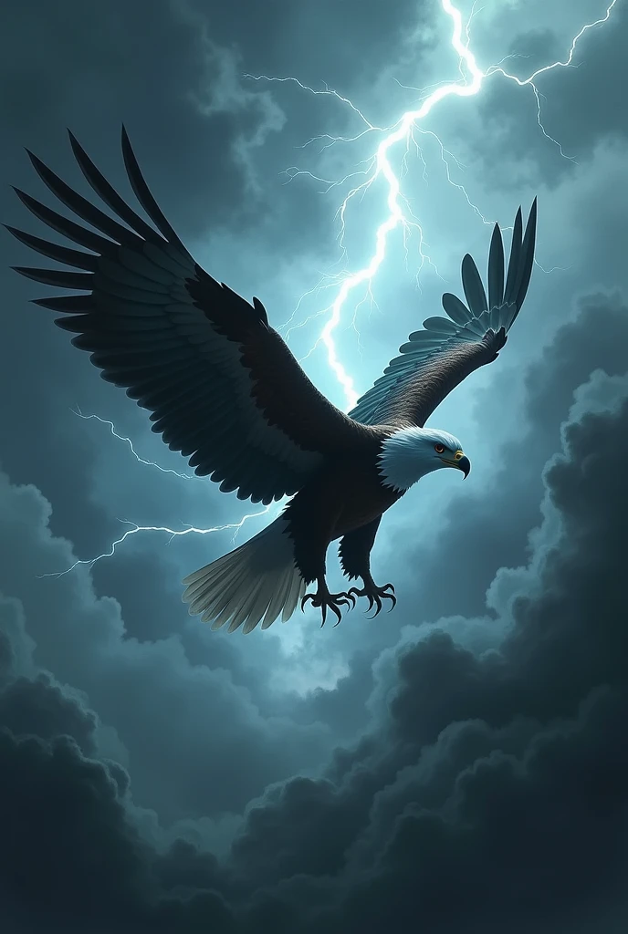 An eagle flying through a stormy sky, with dark, ominous clouds and lightning illuminating its silhouette, conveying a sense of power and resilience.