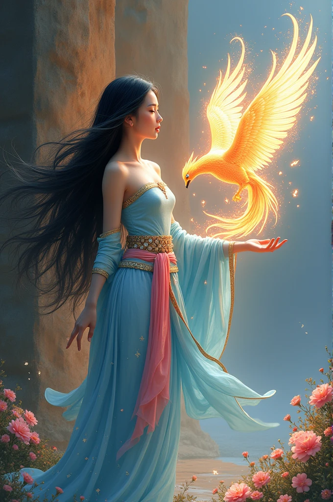 full lenght a Full-body image of a beautiful young woman, sweet and gentle, wearing a light blue strapless Thai dress, a nine-gem belt, a pink sarong with gold trim, a light blue silk shawl over her shoulders, long flowing black hair, a flying crown tied loosely. She extends her right arm and there is a majestic phoenix from digital ashes in a blaze of holographic flames. The corner of a steep cliff is surrounded by small flowers, beautiful, glowing and shimmering. 3D image, oil painting, sharp image, art of Professor Chalermchai.