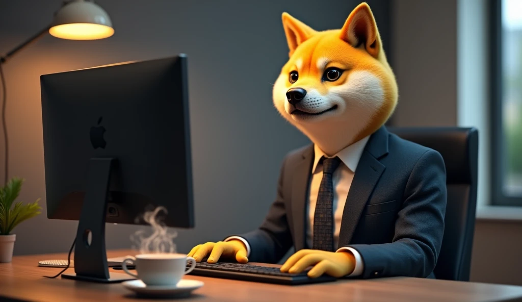 create an image of a person well suited booted with dogecoin dog face sitting on a computer a cup of tea on the table with smokes arising from the tea;