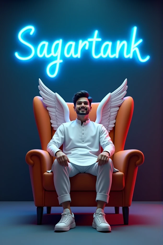 Create a stunning 3D profile picture where a young man (around 20 years old) with a charming smile sits casually on a velvet wingback chair. Dressed in a crisp kurta and white sneakers, he gazes confidently into the distance. Behind him, a vibrant blue neon sign spells out "Sagartaank" in a bold, futuristic font against a deep charcoal wall. The scene is bathed in a warm, ethereal glow, highlighting his angelic presence with subtle, feathery wings.
