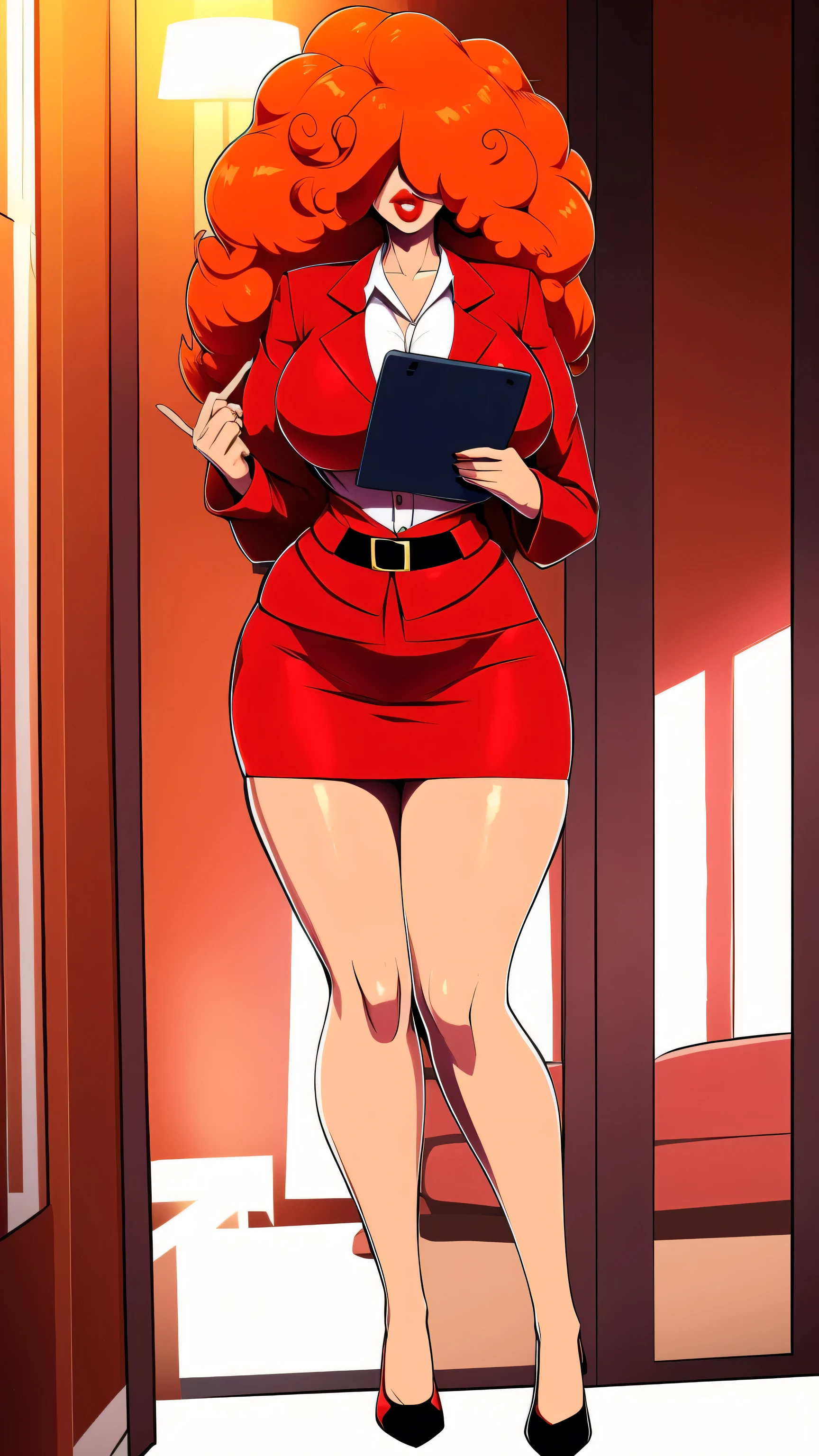 A tall, sexy, sensual, beautiful woman with large breasts, long, wavy, curly, fluffy orange hair, covers her face with red lips, wears a red button-down office shirt and a short red office skirt, and black heels.