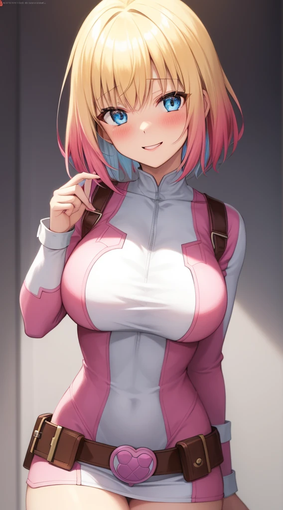 gwenpool, 1girl, blonde hair, multicolored hair, solo, blue eyes, short hair, gradient hair, belt, two-tone hair, pink hair, large breasts, shes happy and blushing
