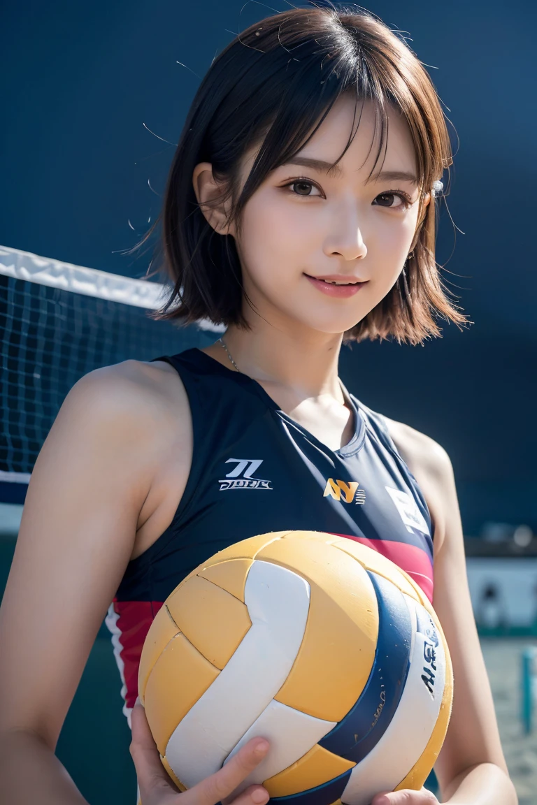 ((Beach Volleyball:1.3)),1 girl,(Wearing colorful stage costumes:1.2),Very beautiful Japanese idol portraits,Face close-up,(RAW Photos,Highest quality),(Genuine,Genuineistic:1.4),(masterpiece),Very delicate and beautiful,Very detailed,2k wallpaper,wonderful,In detail,Very detailedな CG Unity 8K 壁紙,Very detailed,High resolution,Soft Light,Beautiful detailed,Very detailed eyes and face,Beautiful and sophisticated nose,Beautiful and beautiful eyes,Cinema Lighting,(Simple light color background:1.3),(short hair),(Bob),Complete ???????,Slender body,Small breasts,smile,,((Beach Volleyball:1.3))