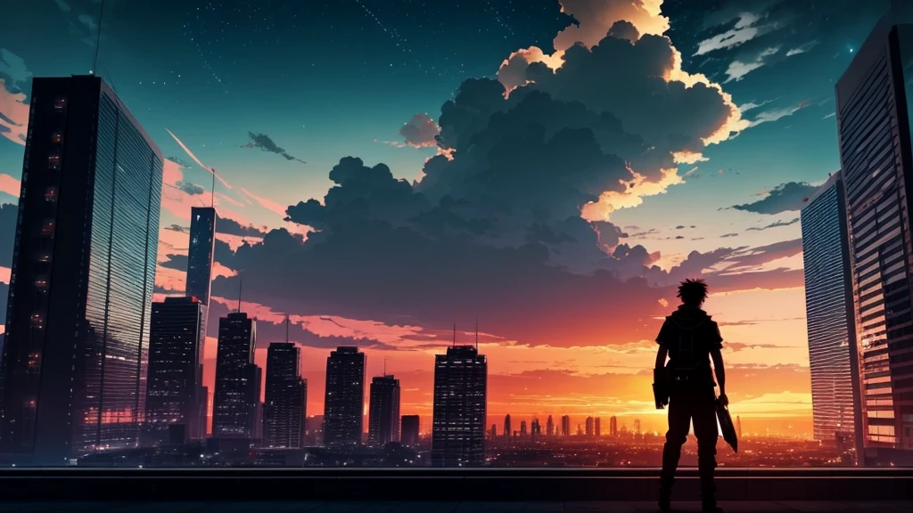 anime,silhouette,One person, star (null), cloud, cityscape, building, city, Outdoor, nullscraper, city lights, night, night null, sunset, nullline, (Sienna Theme Color:1.2), (Hexadecimal Color #A0522D)