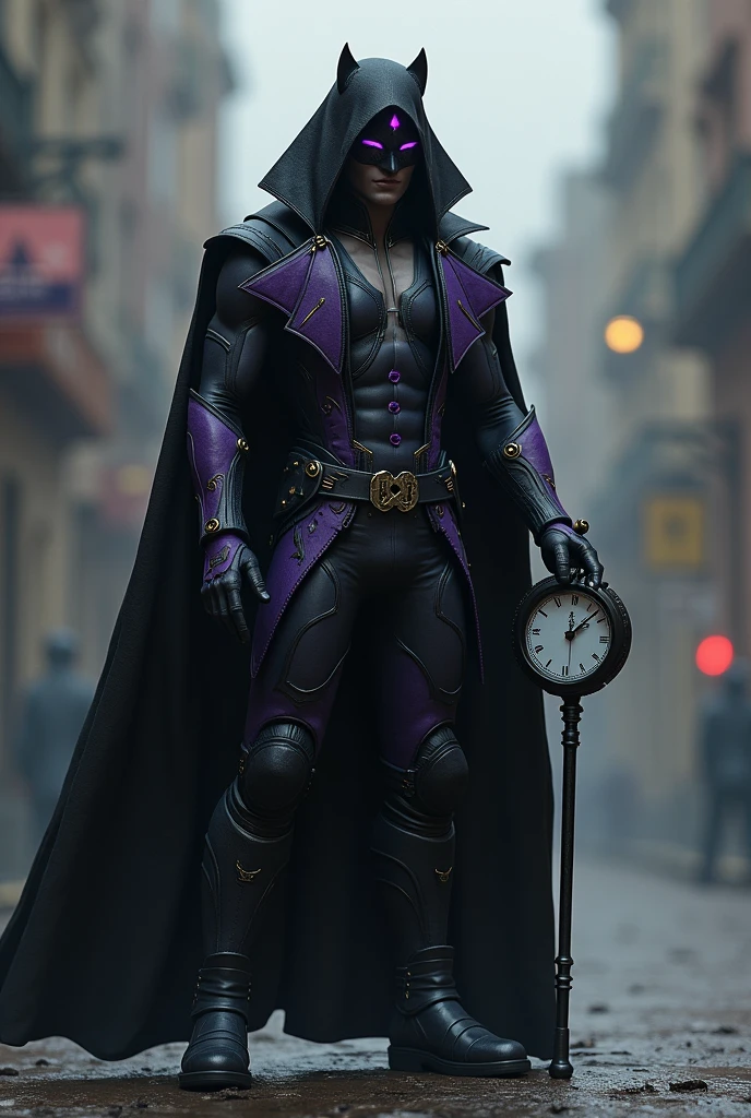 Make a 27 year old grey skinned young man, with an old-style superhero suit, black and purple in color. That he has a coat and a hood and that he has a cane with a futuristic clock, he has powers to change time.