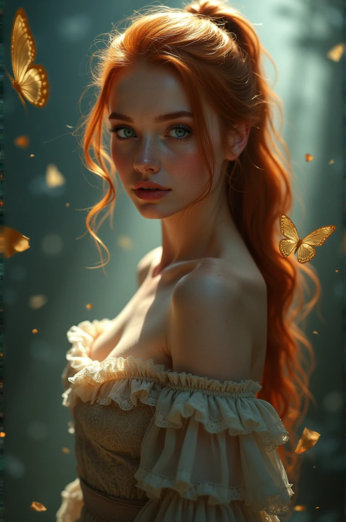 (solo, full body photo:1.3), (action packed:1.3), (haze, fog, mist:1.3), chiaroscuro, best quality, photorealistic, 1woman, (cute), (24yo:1.2), redhead, long ginger hair highly detailed, 1700'S, digital photography, art by artgerm and ruan jia and greg rutkowski surreal painting gold butterfly filigree, broken glass, (masterpiece, sidelighting, finely detailed Fashionable eyes: 1.2) (perfect oval large eyes that gazes at the viewer), beautiful detailed face, blue gorgeous perfect eyes, (blonde hair ponytail), (attractive young woman:1.3), (thick amazing hair), (seductive:1.1), (blushing:1.1)