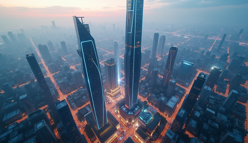 ((masterpiece, highest quality, best image quality, High resolution, realistic, RAW photo, 8k)), (Helicopter shot, Looking down on the sci-fi futuristic cyberpunk Ho Chi Minh city at daytime from above:1.3), Landmark 81, Bitexco Tower, glowing hologram 