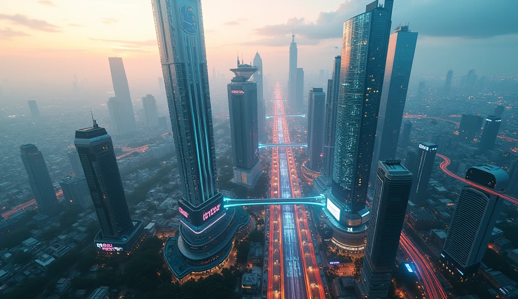 ((masterpiece, highest quality, best image quality, High resolution, realistic, RAW photo, 8k)), (Helicopter shot, Looking down on the sci-fi futuristic cyberpunk Ho Chi Minh city at daytime from above:1.3), Landmark 81, Bitexco Tower, glowing hologram
