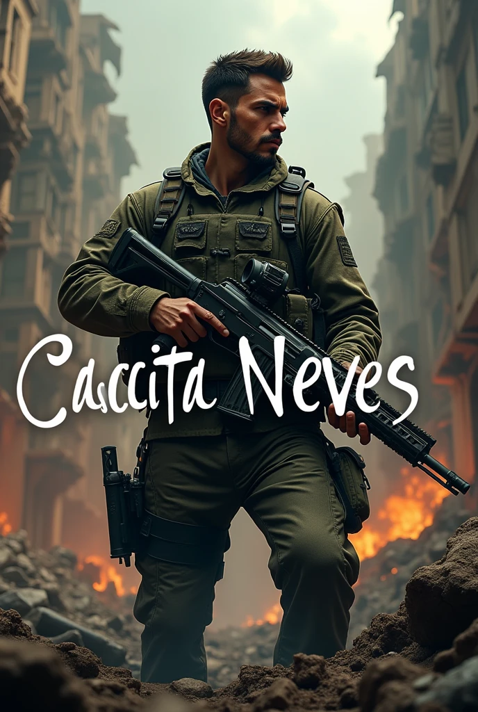Logo of a youtube gaming channel with a Brazilian army soldier, profile facing right from the waist up, with a STG 44 in hand and with the text Cascata Neves, the ruined background