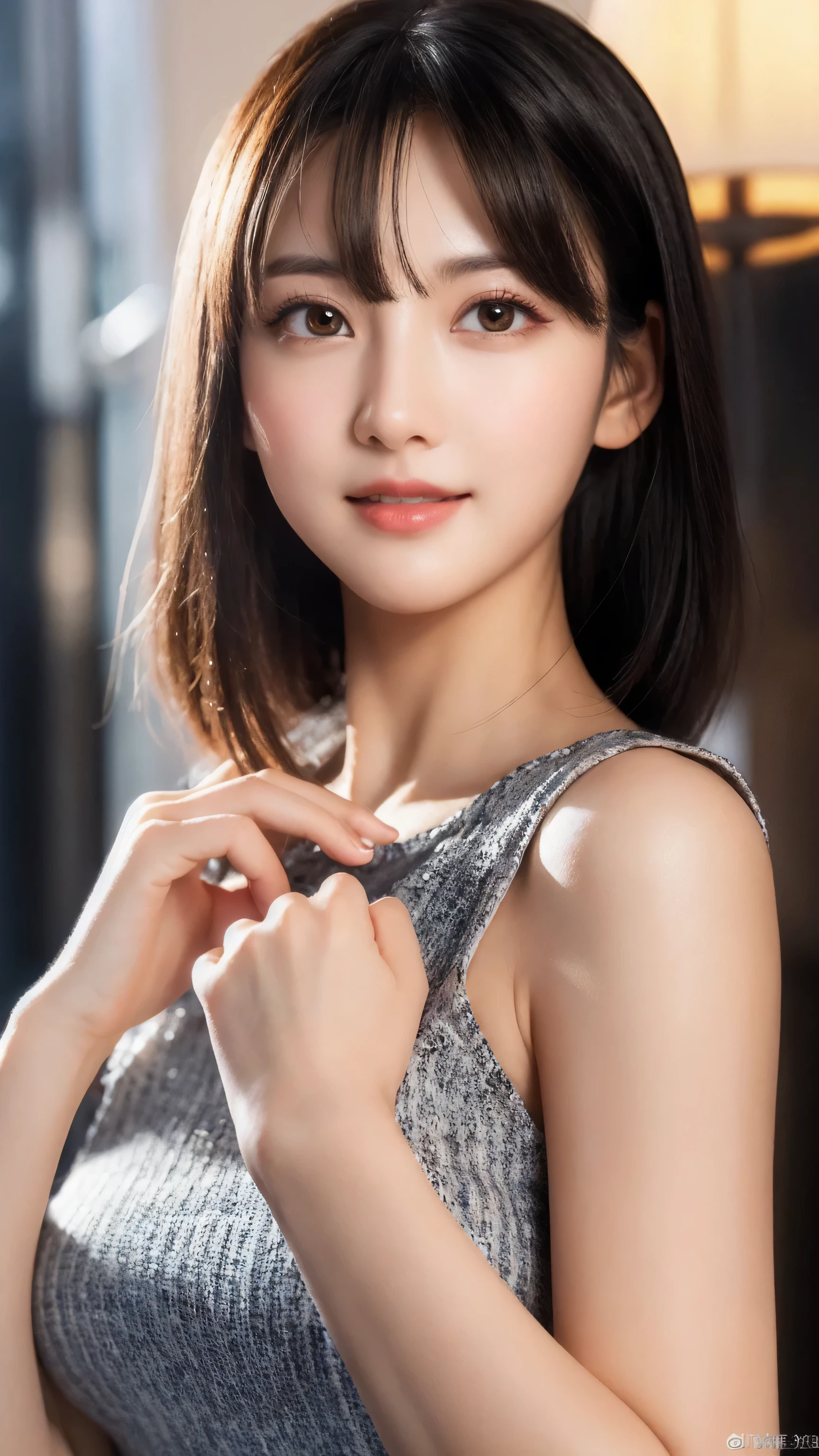 (8k, RAW Photo, Best Quality, Masterpiece:1.2), table top, Ultra Detail, Super Resolution, (Realistic, Realistic Photo:1.37), Portrait, High Detail RAW Color Photo, Professional Photo, Extremely Detailed and Beautiful, Extremely detailed, 8k wallpaper, amazing and detailed, huge file size, official art, highly detailed CG unity 8k wallpaper, highly detailed beautiful girl, highly detailed face, highly detailed eyes, highly detailed skin, highly detailed fingers, highly detailed nose, very detailed detailed mouth , perfect anatomy, highly detailed background, highly detailed clothes, 1girl, ,cute girl, realistic body, fair skin, glowing skin , slim body, handsome body, black hair , short hair, (blunt bangs:1.2), smile, cute, youthful, cute face, realistic face, delicate eyes, drooping eyes, looking at viewer, facing front, standing posture, Contraposto, dynamic lighting, ((face closeup)), (medium chest), (Perfect Body Proportions), (slender Body Proportions), (bedroom), super sexy pose, ((neat dress)),