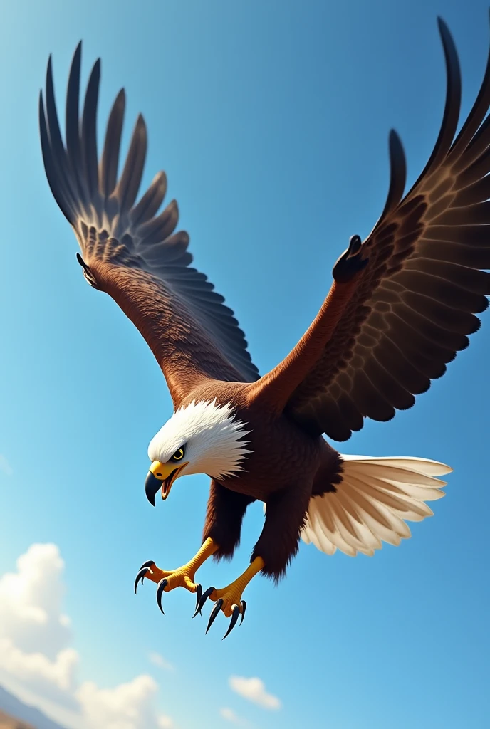 An eagle diving towards its prey in a dramatic hunting scene, with outstretched talons and a powerful, focused expression, set against a clear blue sky.