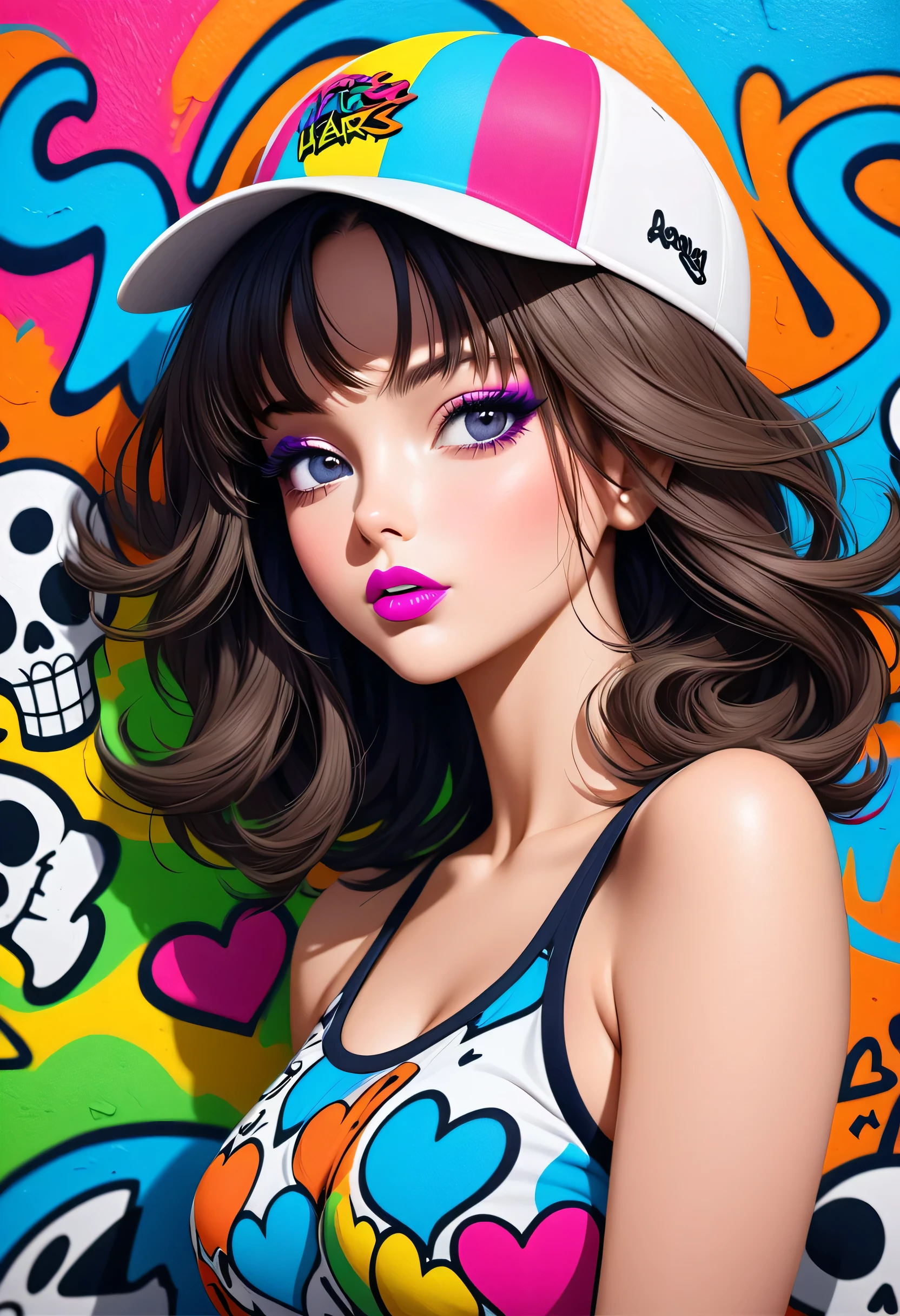 Ultra-realism Keith Haring colorful style, Simple Line Initialism，Abstract art，(((The most beautiful girl of all time))), Sweet face. Lips in love, colorful hearts, stylish design, Summer Skull fashion, Dark Eyes, Graffiti on the wal