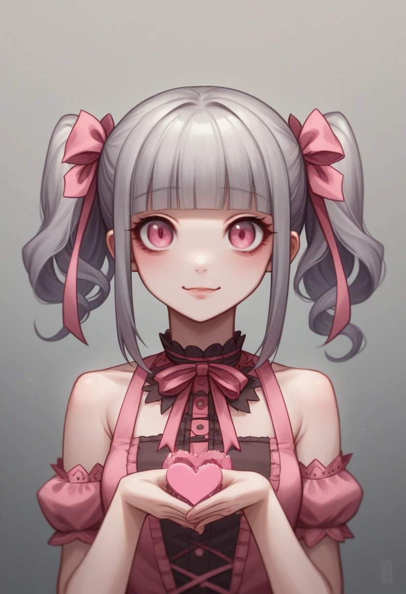 sweet lolita fashion, very cute, pink, ribbon, devil, Gray Hair, Pink Eyes, girl, danger, cruel, heart, ツインテール, Silky Hair, Devil girl, Mean, The Best Devil Girl, Hair that sparkles, Pink clothes, pink ornament, Anatomically correct body, Soft skin, Pink Devil's Horn, Silky Hair, with thick twin tails, most kawaii, cutest, devil, Eyes that seem to be sucked in, Winner of numerous awards, Blunt cut hair, ストレートのツインテール, Natural Light、Realistic texture, Masterpiece､devil,free hand