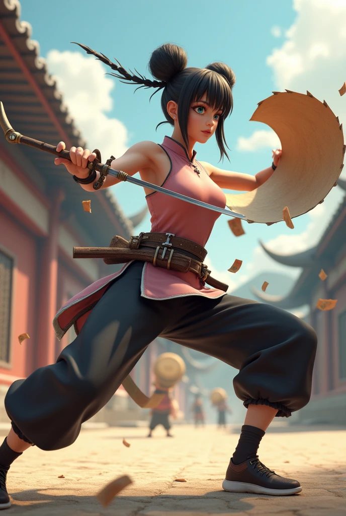 Create a 3D image of a skilled female ninja inspired by Tenten from Naruto. She has her hair styled in two distinctive buns on the top of her head, giving her a practical yet unique look. Her expression is focused and determined, reflecting her expertise in weaponry. She wears a sleeveless, high-collared Chinese-style top in pale pink, paired with dark pants and a utility belt loaded with scrolls and ninja tools. Tenten is depicted mid-action, gracefully wielding a large scroll that unravels to release various weapons into the air. The background is a traditional training ground with targets and practice dummies, set under a clear, bright sky, showcasing her skill and precision.