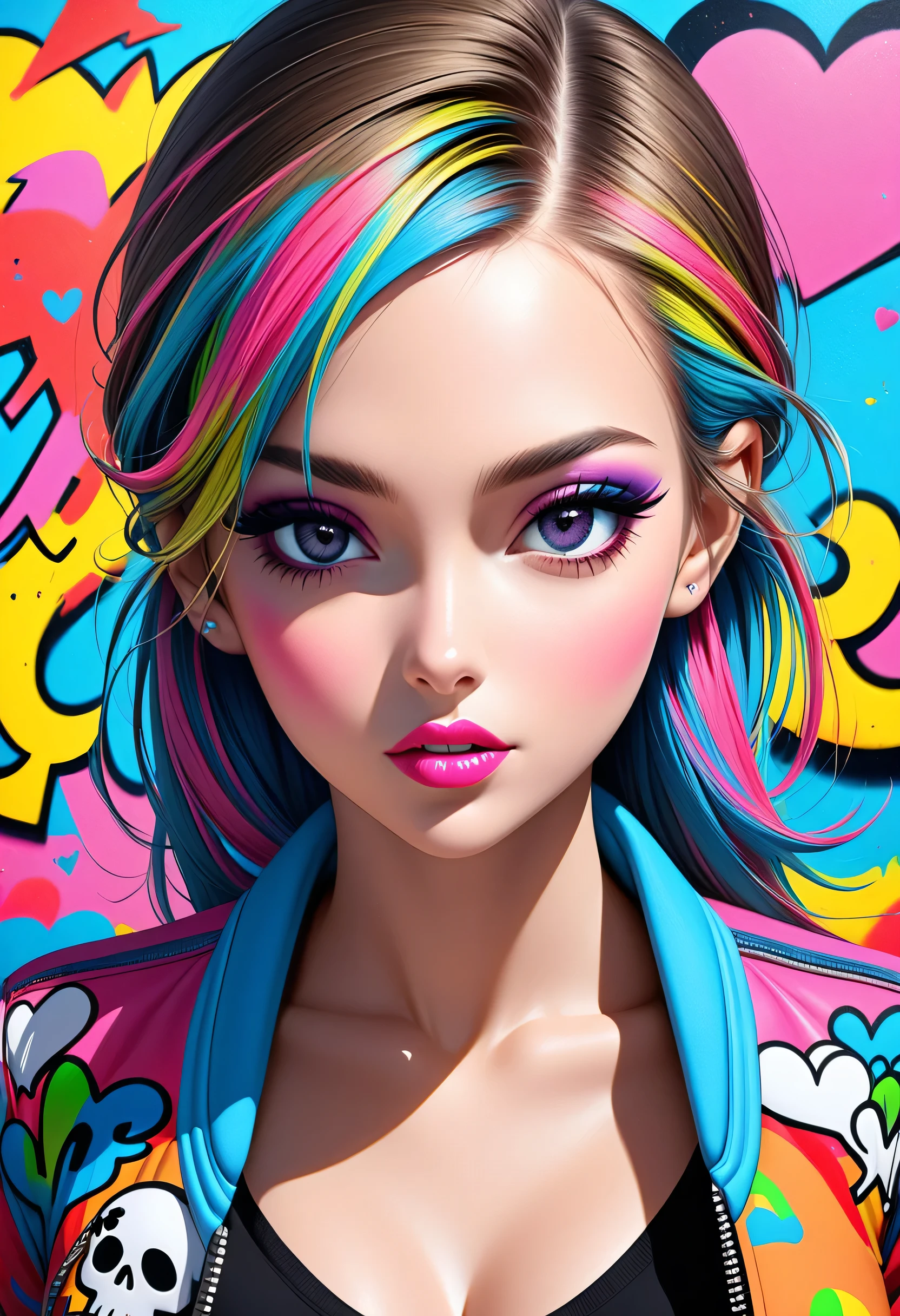 Ultra-realism Keith Haring colorful style, Simple Line Initialism,Abstract art,(((The most beautiful girl of all time))), Sweet face. Lips in love, colorful hearts, stylish design, Summer Skull fashion, Dark Eyes, Graffiti on the wal