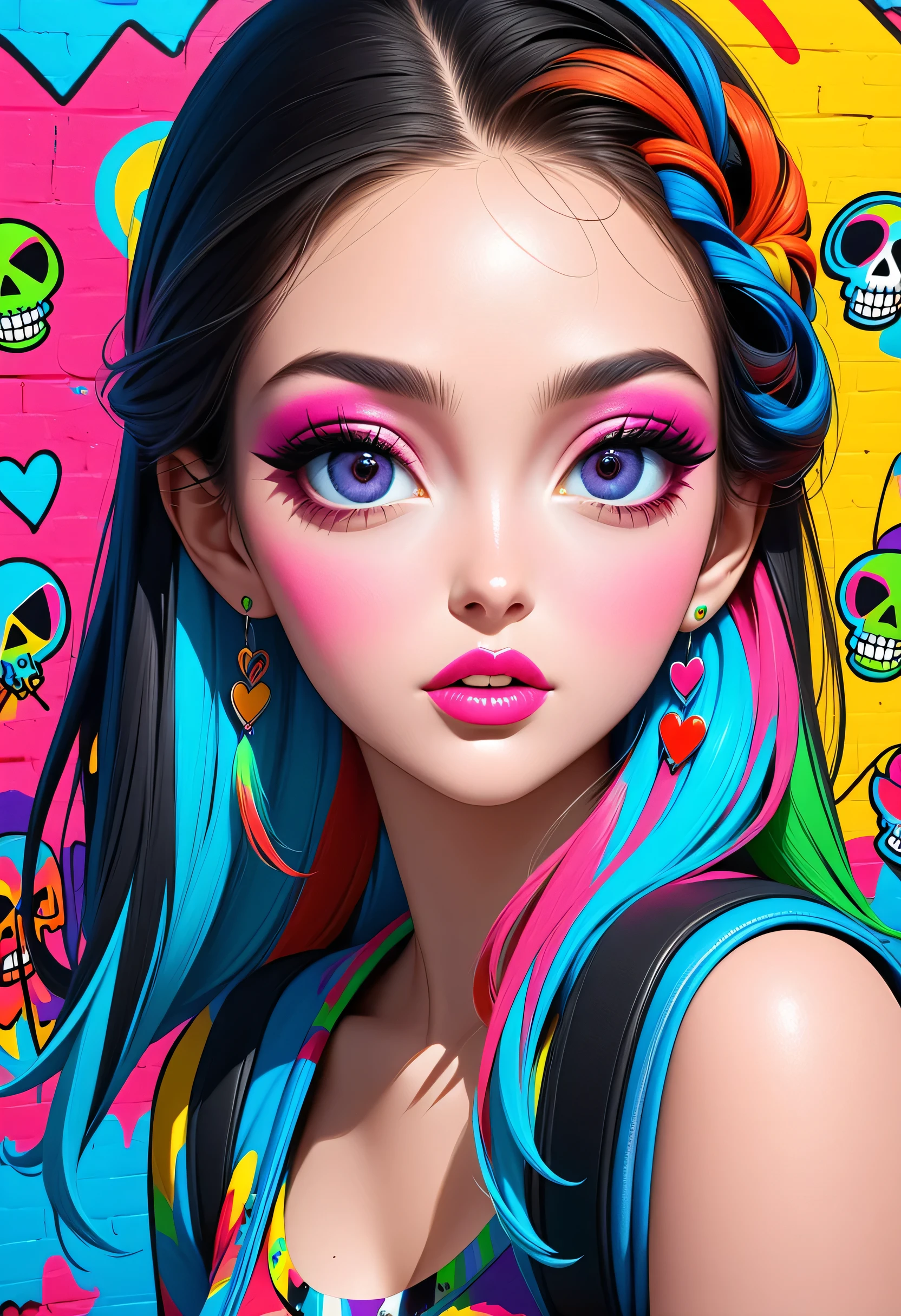Ultra-realism Keith Haring colorful style, Simple Line Initialism，Abstract art，(((The most beautiful girl of all time))), Sweet face. Lips in love, colorful hearts, stylish design, Summer Skull fashion, Dark Eyes, Graffiti on the wal