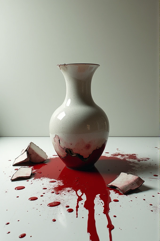 on floor broken vase with blood drops