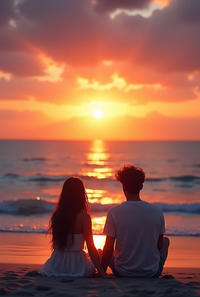 a couple sitting at the seashore looking at the sunset