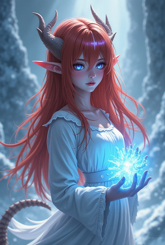 Girl with long red hair and a white streak in her bangs, Lila eyes with thin pupils, pointed ears and horns like a dragon, a dragon tail, and wielding ice powers with a frozen kingdom background style