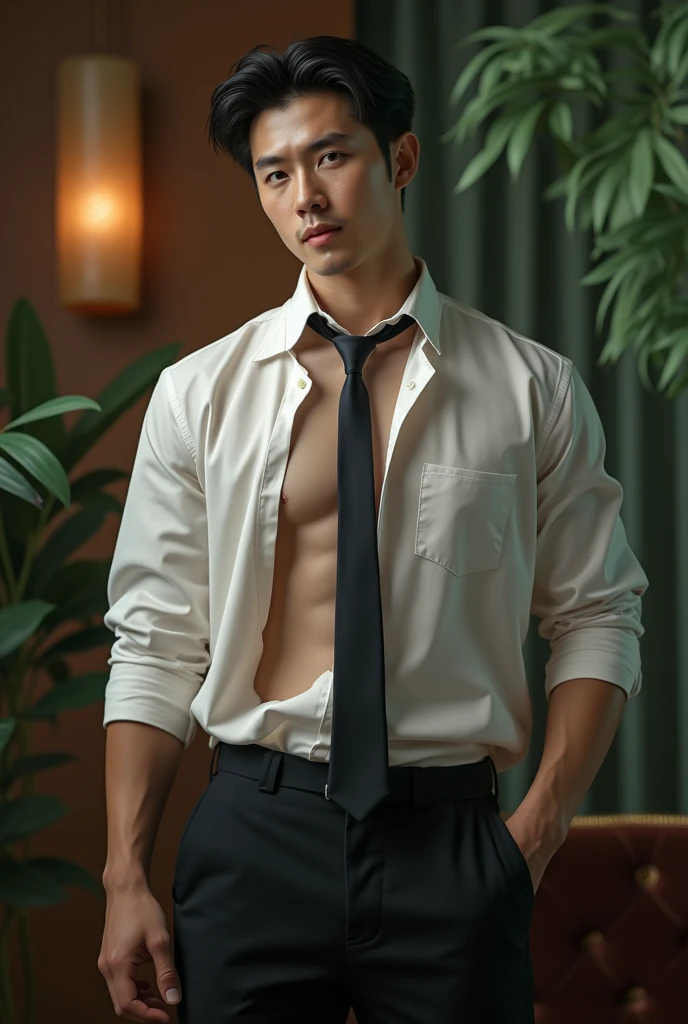 1 handsome Korean gentleman, 27 years old, Lawyer, formal shirt and tie, Lawyer, provocative and erotic pose, armpit sweat, Vietnam scene, Professional attire, Handsome and elegant, Wearing uniform, sexy abstinence, wearing blouse, Masculine and handsome, muscular, Nice looking muscles, , fair skin, Black eyes (1:3 thin eyes), Full body shot, erotic face, firm chest, provocative, , sexy