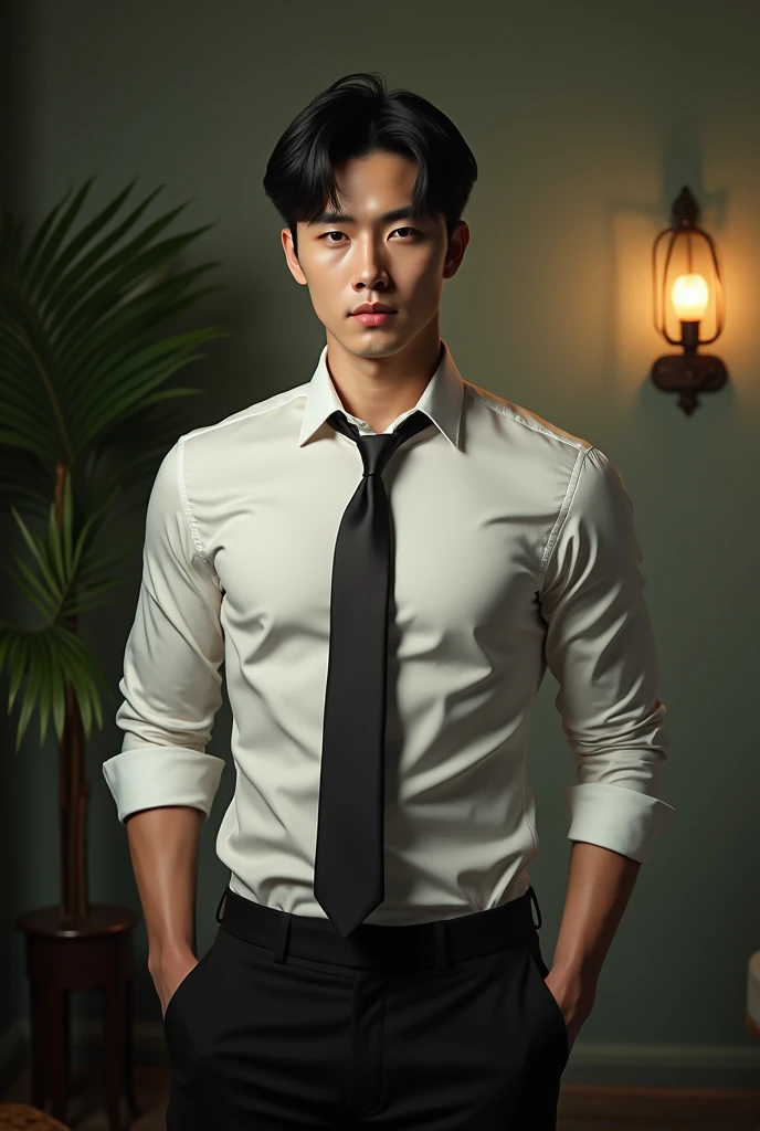 1 handsome Korean gentleman, 27 years old, Lawyer, formal shirt and tie, Lawyer, provocative and erotic pose, armpit sweat, Vietnam scene, Professional attire, Handsome and elegant, Wearing uniform, sexy abstinence, wearing blouse, Masculine and handsome, muscular, Nice looking muscles, , fair skin, Black eyes (1:3 thin eyes), Full body shot, erotic face, firm chest, provocative, , sexy