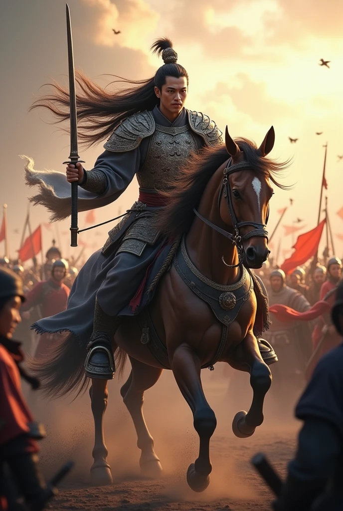 Movie Lenses，Describing the Three Kingdoms period，Lü Bu was riding a horse.，Long hair spread out，Hold a long knife in your left hand，Holding the reins with the right hand，The expression is hideous，Fighting in the crowd，To keep yourself alive