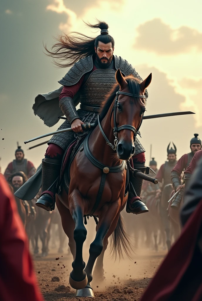 Movie Lenses，Describing the Three Kingdoms period，Lü Bu was riding a horse.，Long hair spread out，Hold a long knife in your left hand，Holding the reins with the right hand，The expression is hideous，Fighting in the crowd，To keep yourself alive
