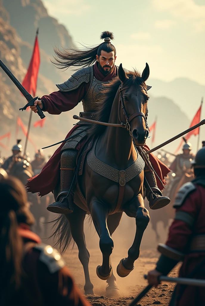 Movie Lenses,Describing the Three Kingdoms period,Lü Bu was riding a horse.,Long hair spread out,Hold a long knife in your left hand,Holding the reins with the right hand,The expression is hideous,Fighting in the crowd,To keep yourself alive