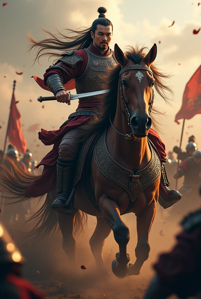Movie Lenses，Describing the Three Kingdoms period，Lü Bu was riding a horse.，Long hair spread out，Hold a long knife in your left hand，Holding the reins with the right hand，The expression is hideous，Fighting in the crowd，To keep yourself alive