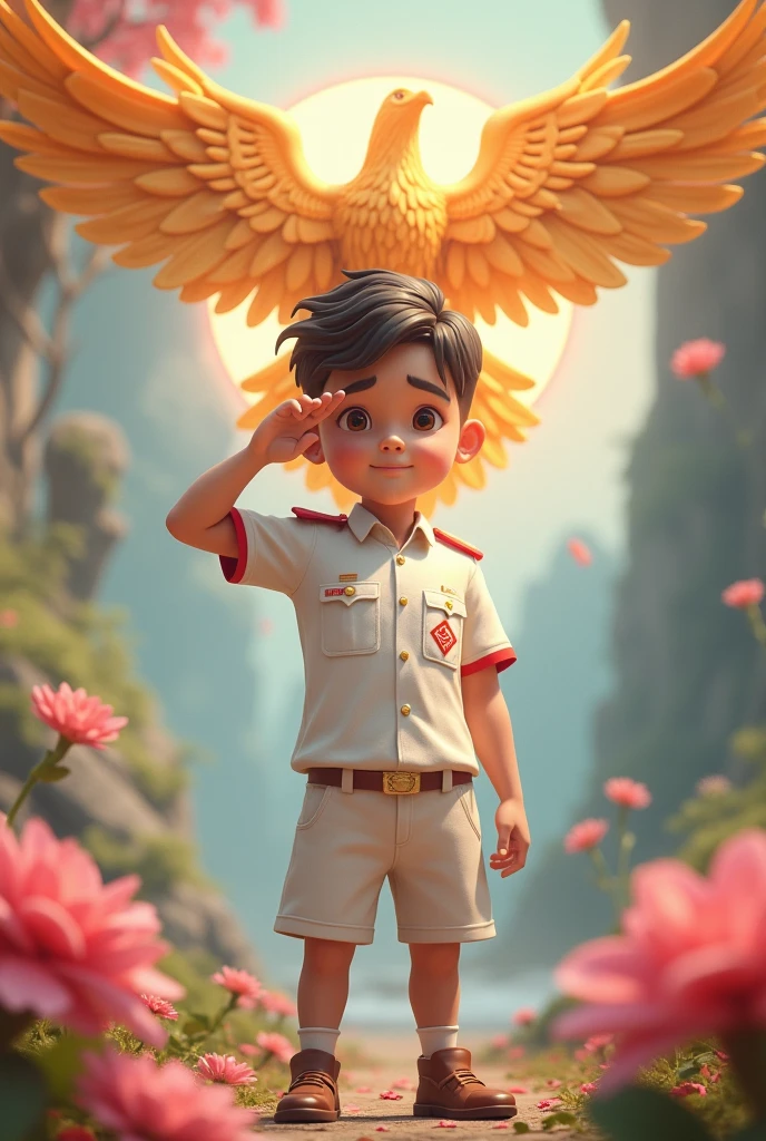Draw a 3D character of a 10-year-old boy named Juan, wearing a white uniform with a red and white badge in the background, with a hero-like salute pose. Add the Garuda symbol and flowers around him, realistic, HD