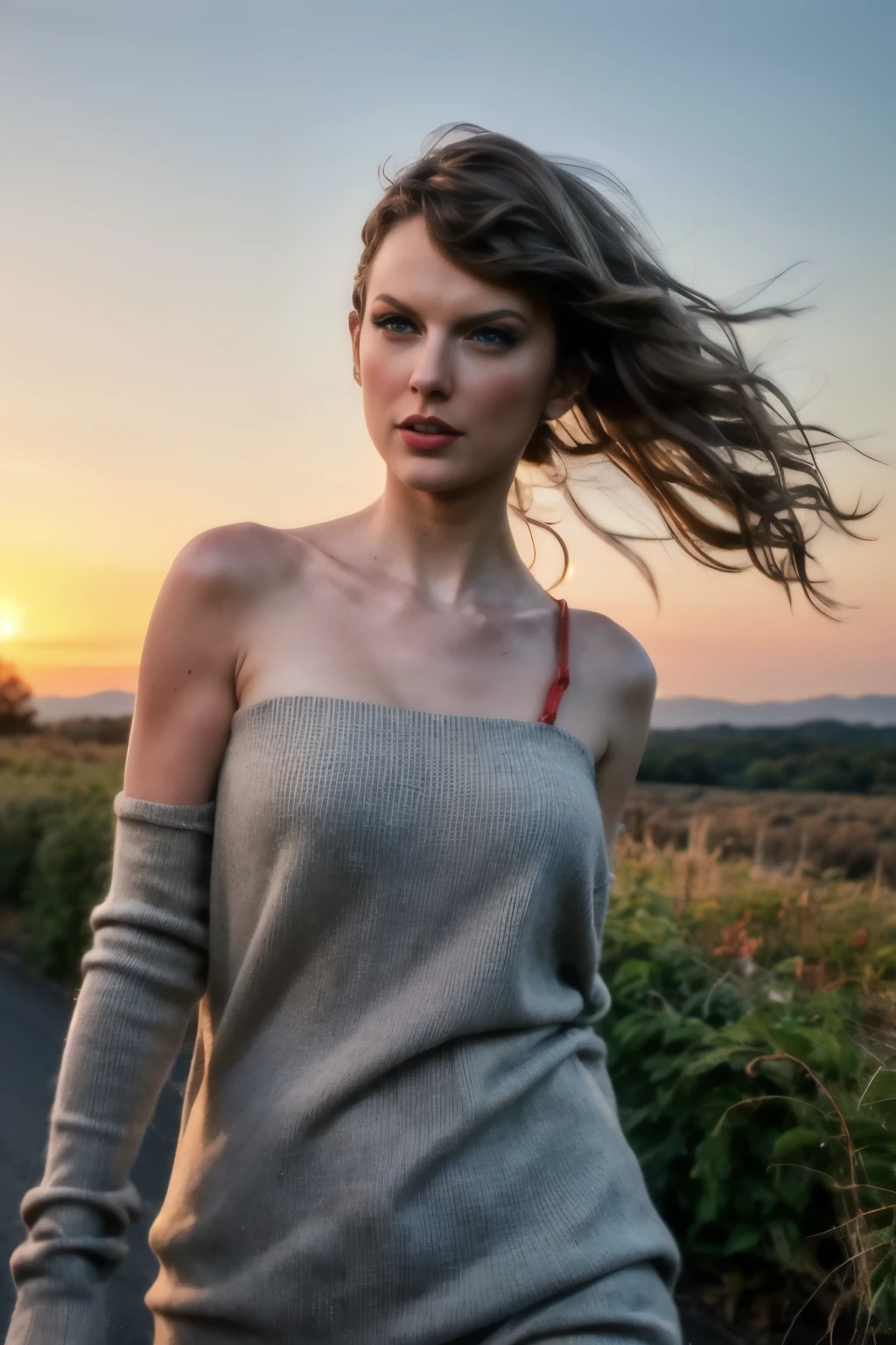 (realistic), (hyperrealism), (photorealistic:1.4), best quality, masterpiece, xtaylor, 1girl, looking at the viewer, makeup, detailed eyes, detailed face, (upper body:1.2), nude, walking at the forest road, sunset, fall season, (windy:1.2) 