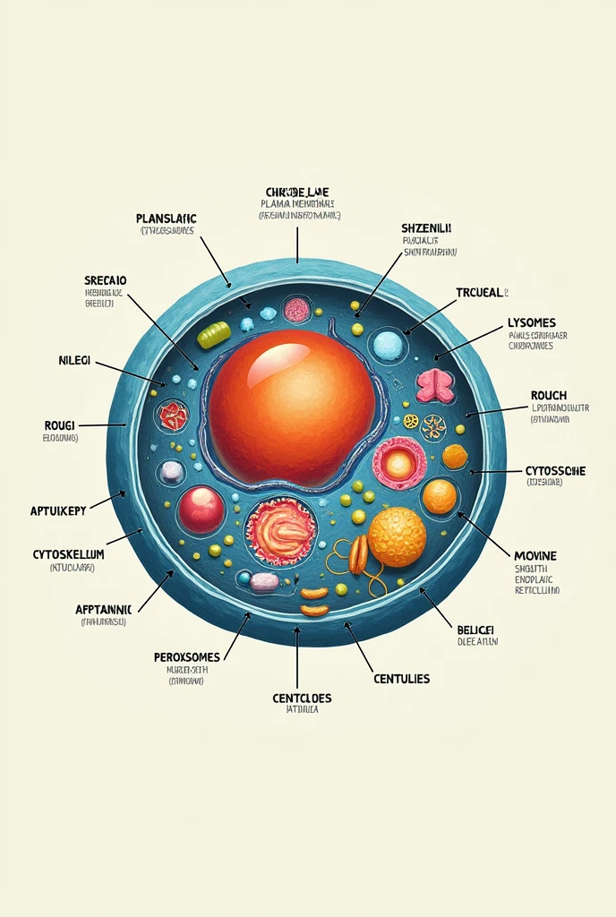 Can you draw a cell and label the parts of human cell that have part. Can you be specific to the parts. Plasma membrane, nuclear membrane, chromosomes, ribosomes, lysosomes, rough endoplasmic reticulum, golgi apparatus, cytoskeleton, nucleus, nucleolus, cytoplasm, mitochondria, peroxisomes, smooth endoplasmic reticulum, and centrioles