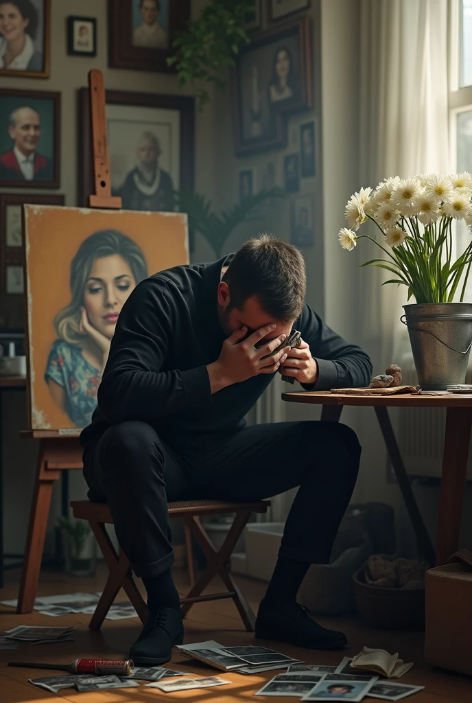 Photorealism. A man sit and craying in black with photos in his hand. Behind him is easle and unfinished painting of woman. And there is wall full of painting and photos of girl and both of them. There a long table with dry pallet on it. And a flower bucket of white chrysanthemum also on table and some art things mess on table too