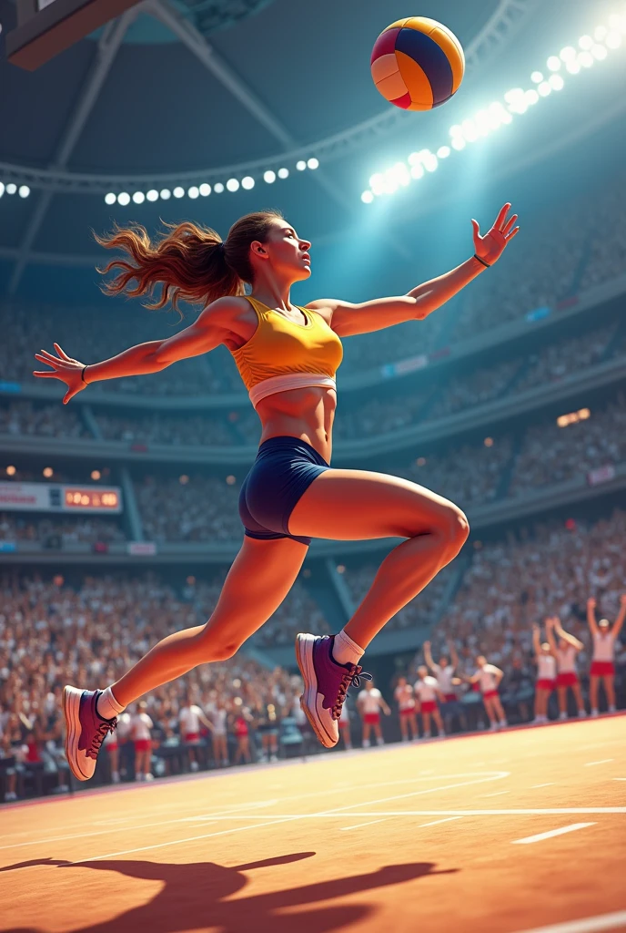 a woman in a volleyball uniform jumping high, dynamic volleyball action, volleyball court, many spectators in the large arena background, detailed, high resolution, masterpiece