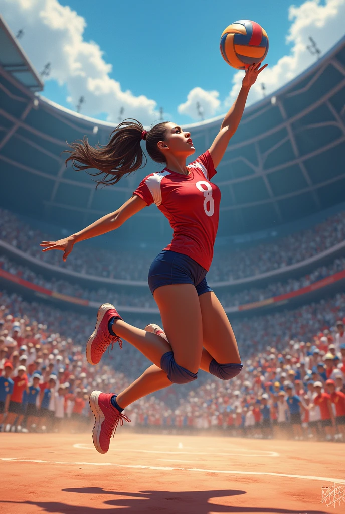 a woman in a volleyball uniform jumping high, dynamic volleyball action, volleyball court, many spectators in the large arena background, detailed, high resolution, masterpiece