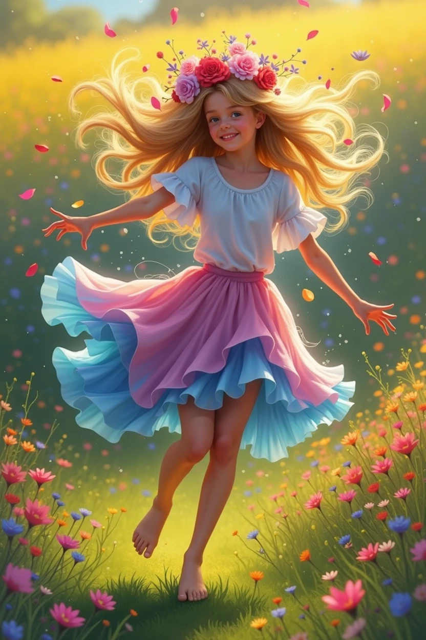 A whimsical girl with long, flowing hair made of flowers, dancing in a field of vibrant colors. Rendered in a dreamy, watercolor style.