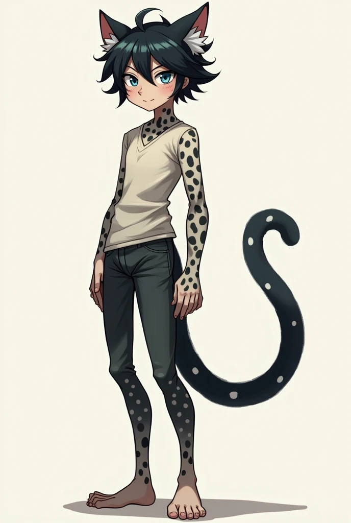 Tall and skinny guy, black hair with white spots, cat ears, cat tail with white spots, light blue eyes and a short-sleeved shirt that covers his thighs, but he has nothing on his legs