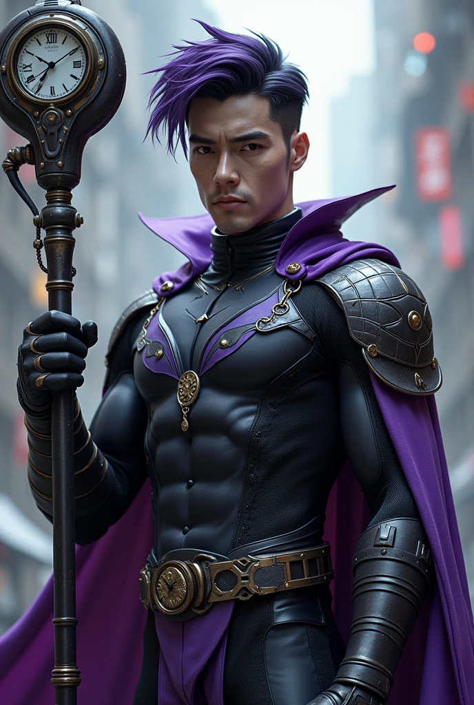 Make a 27 year old grey skinned young man, with an old-style superhero suit, black and purple in color. Black hair with purple samurai style and he has a staff with a futuristic clock, he has powers to change time