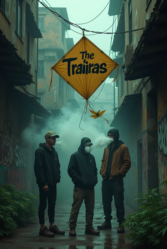 Kite logo written " The Trairas " Smoking a lot of weed in the favela, dark 