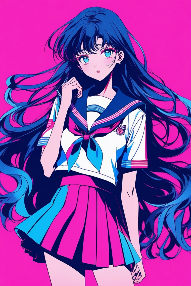 (masterpiece,Highest quality), Illustrator, anime , Realistic ,sketch , 1 person, model, 18-year-old, lip, High School Girl Sailor Suit, Sailor uniform short skirt, order, Blue and pink gradient background, Neon colored long hair, Big Breasts, Upper Body, Sexy look, Sexy pose, Texture Trim, Japanese, (masterpiece,Highest quality)