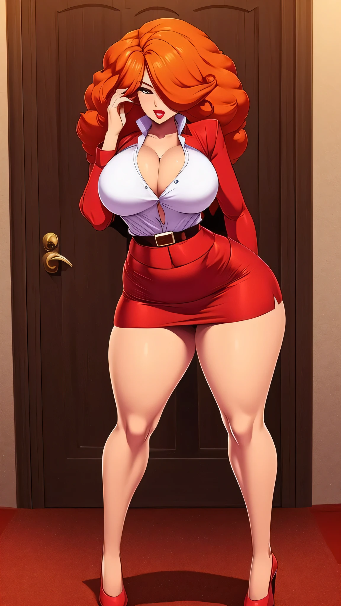 A tall, sexy, sensual, beautiful woman with large breasts, long, wavy, curly, fluffy orange hair, covers her face with red lips, wears a red button-down office shirt and a short red office skirt, and black heels.