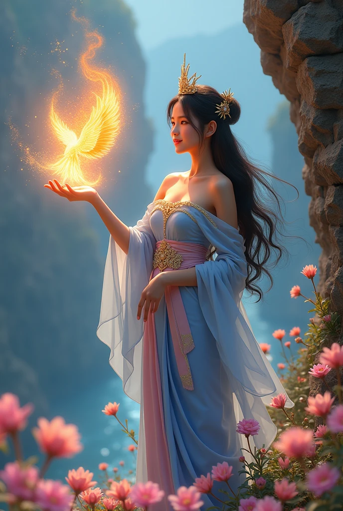 full lenght a Full-body image of a beautiful young woman, sweet and gentle, wearing a light blue strapless Thai dress, a nine-gem belt, a pink sarong with gold trim, a light blue silk shawl over her shoulders, long flowing black hair, a flying crown tied loosely. She extends her right arm and there is a majestic phoenix from digital ashes in a blaze of holographic flames. The corner of a steep cliff is surrounded by small flowers, beautiful, glowing and shimmering. 3D image, oil painting, sharp image, art of Professor Chalermchai.